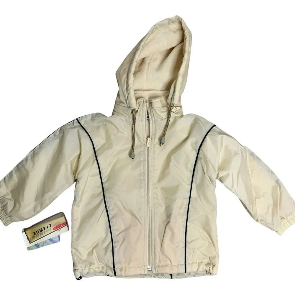 Vintage Infant Windbreaker Jacket 18m Beige Fleece Lined Hood Zip Pockets NEW
